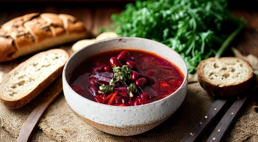 Магия без мяса: как приготовить сытный и ароматный постный борщ с фасолью в томате